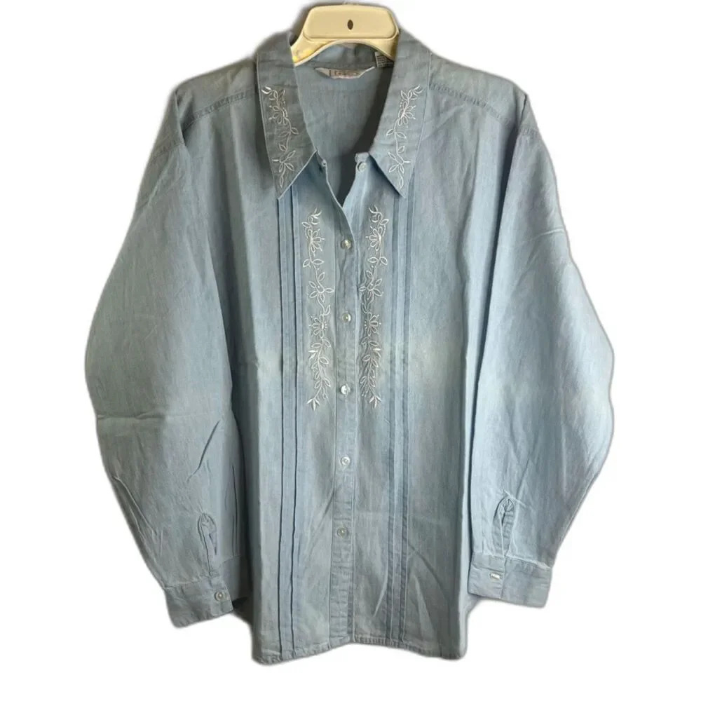 Honors Apparel Granny Core Embroidered Denim Button‎ Up Shirt Size Large
